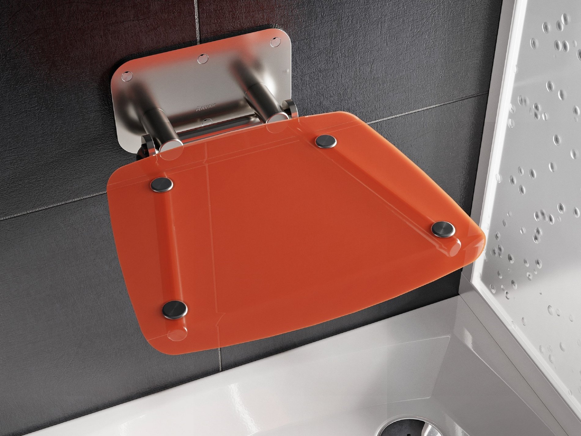 Ravak Ovo-B II ülőke Orange – Rozsdamentes acél, Szögletes zuhanyülőkék