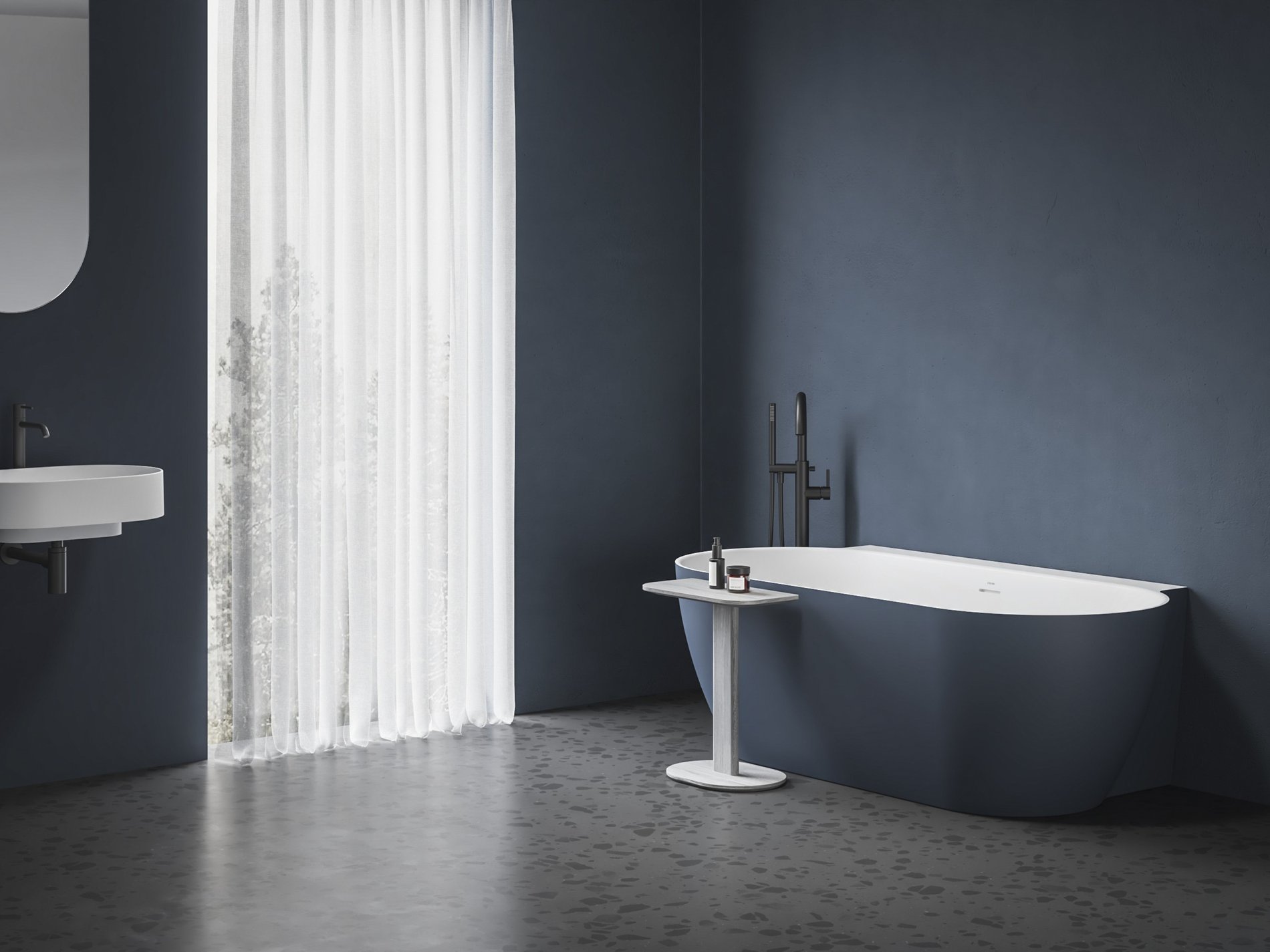 Ravak Freedom Wall II Tec 170x87, akrilkád, Deepsea Blue/fehér, fehér/fekete/króm lefolyó – Szabadon álló kádak