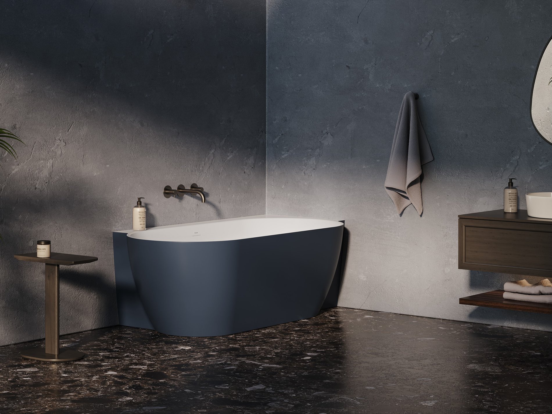 Ravak Freedom Corner II Tec 175x86 jobb, akrilkád, Deepsea Blue/fehér, fehér/fekete/króm lefolyó – Szabadon álló kádak