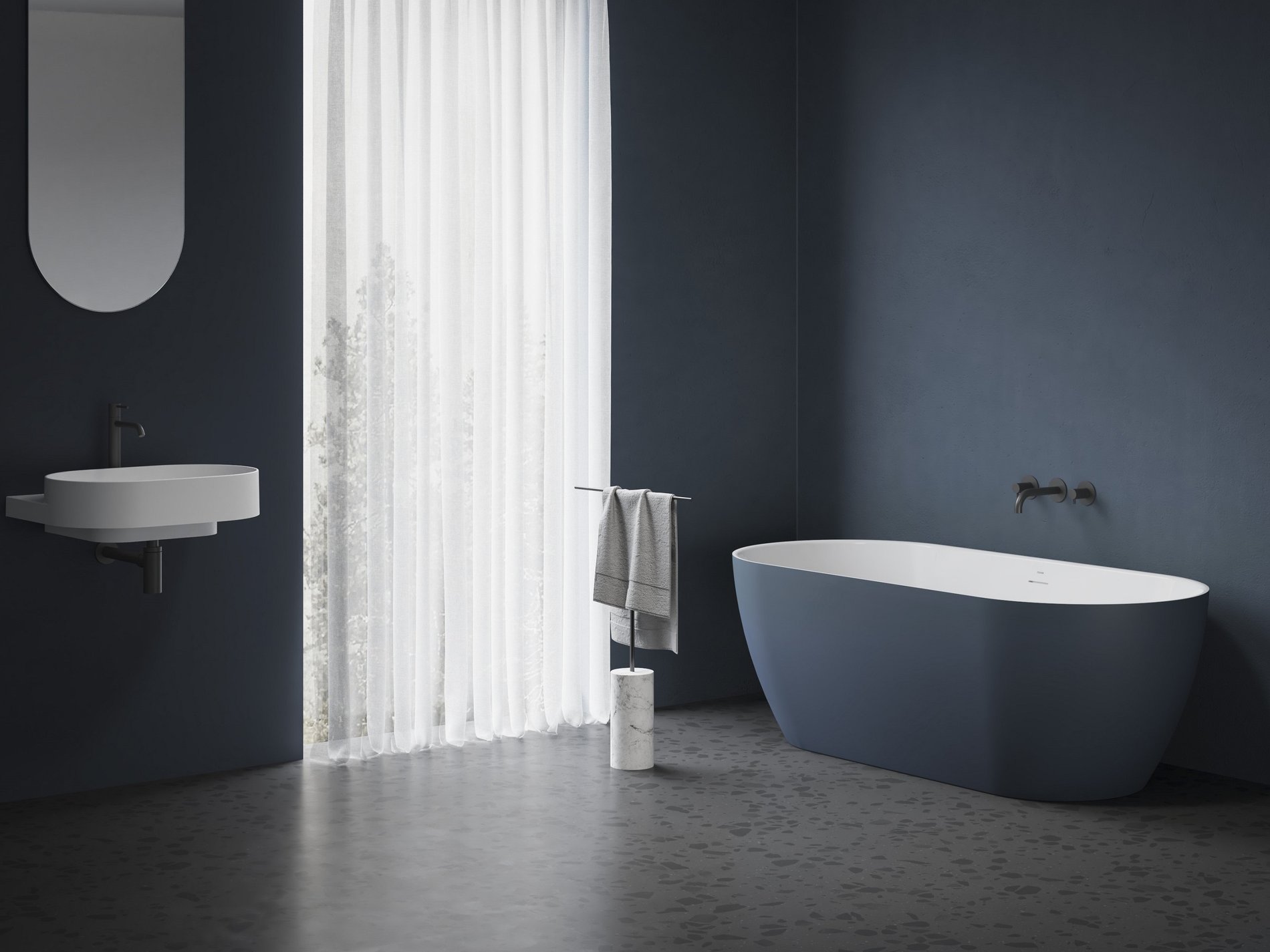 Ravak Freedom O Tec 170x77 akrilkád, Deepsea Blue/fehér szabadonálló, fehér/fekete/króm lefolyó – Szabadon álló kádak