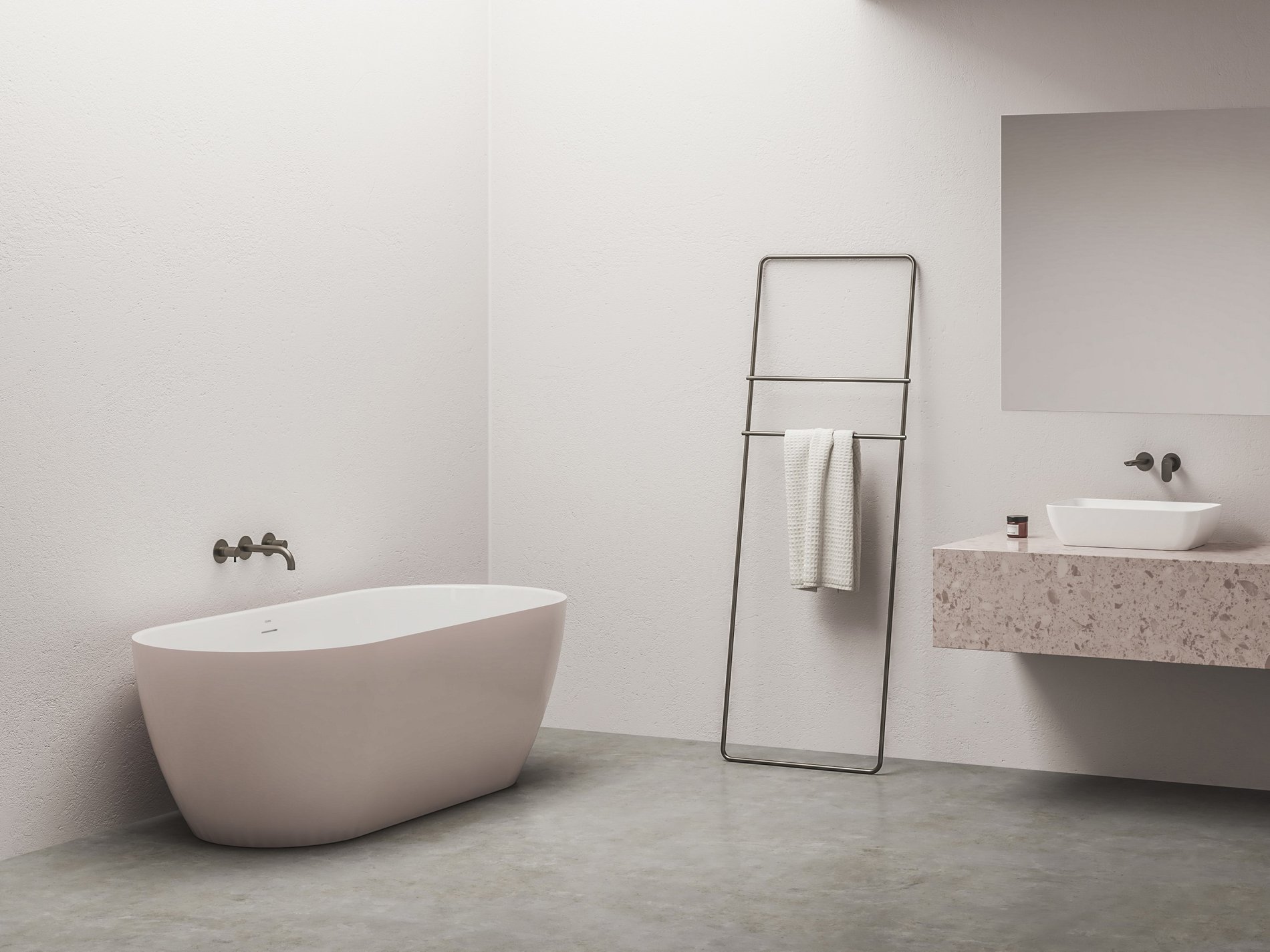 Ravak Freedom O Tec 170x77 akrilkád, Alabaster Pink/fehér szabadonálló, fehér/fekete/króm lefolyó – Szabadon álló kádak