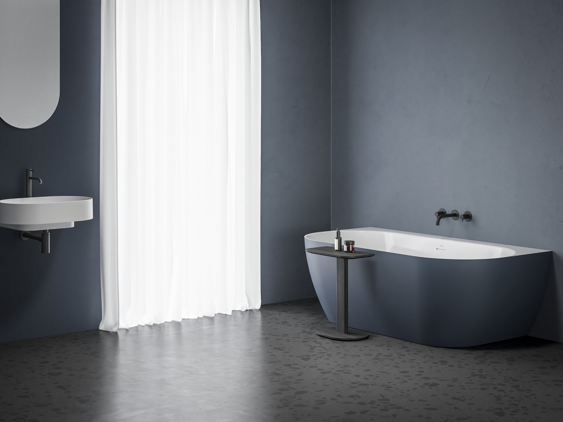 Ravak Freedom Wall Tec 170x87, akrilkád, Deepsea Blue/fehér, fehér/fekete/króm lefolyó – Kék, Szabadon álló kádak