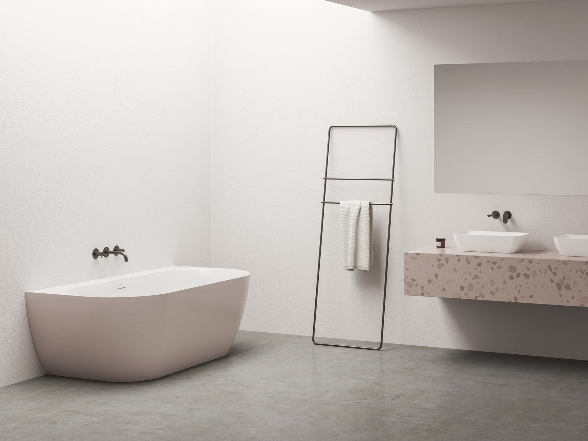 Ravak Freedom Wall Tec 170x87, akrilkád, Alabaster Pink/fehér, fehér/fekete/króm lefolyó – Szabadon álló kádak