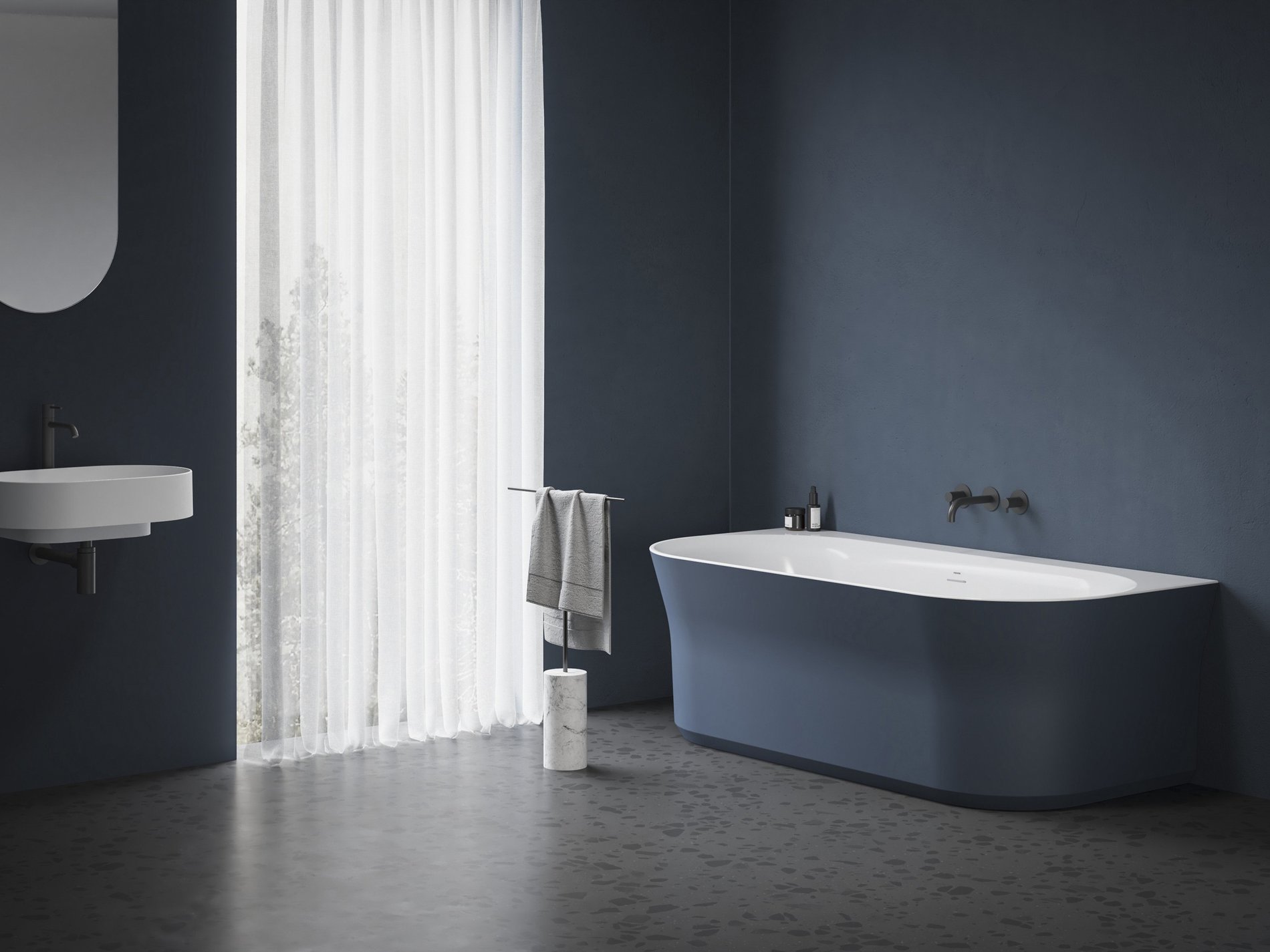 Ravak Ypsilon Wall 178x86, akrilkád, Deepsea Blue/fehér, szabadonálló, fehér/fekete/króm lefolyó – Szabadon álló kádak