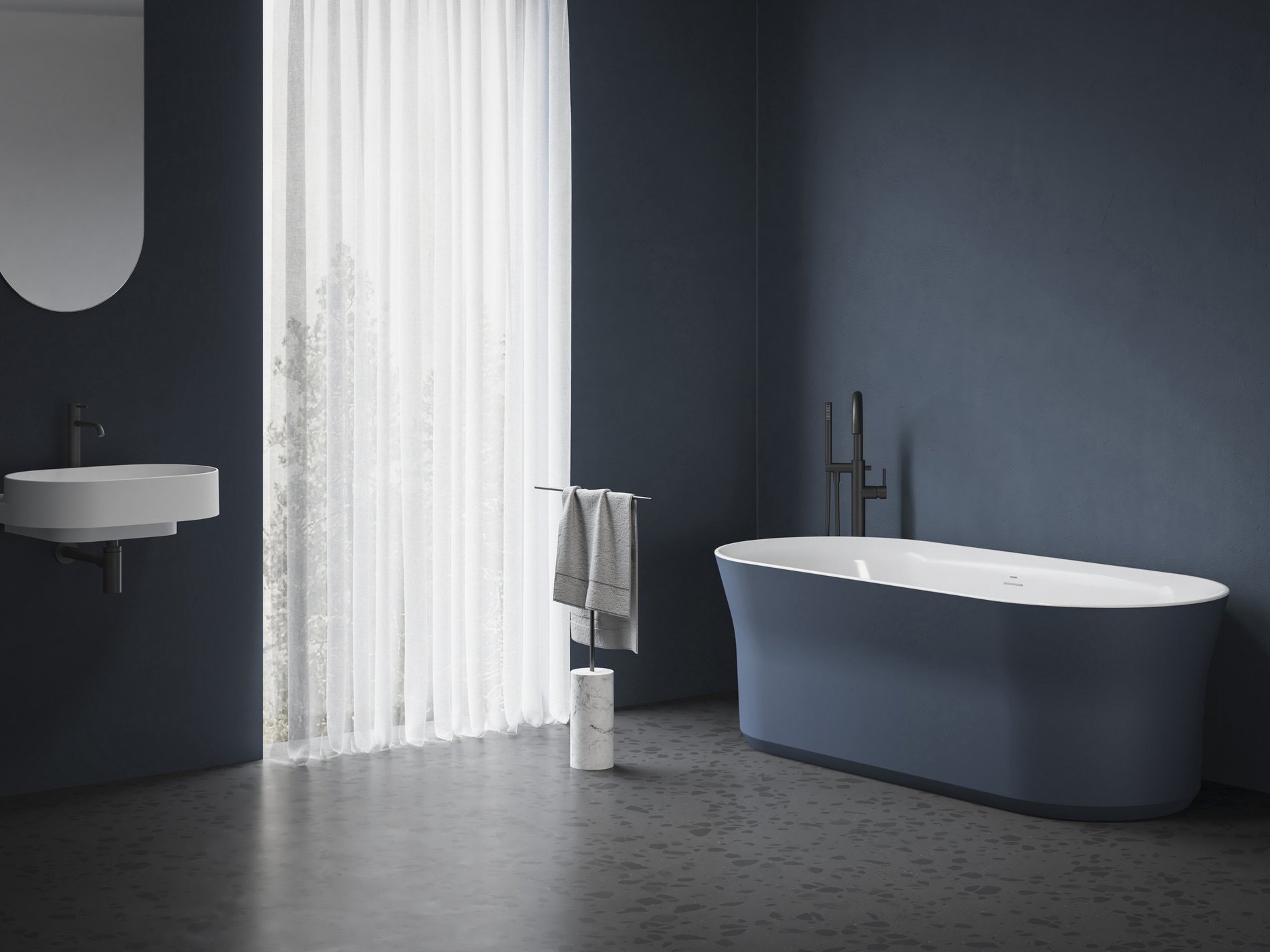 Ravak Ypsilon 180x80, akrilkád, Deepsea Blue/fehér, szabadonálló, fehér/fekete/króm lefolyó – Szabadon álló kádak