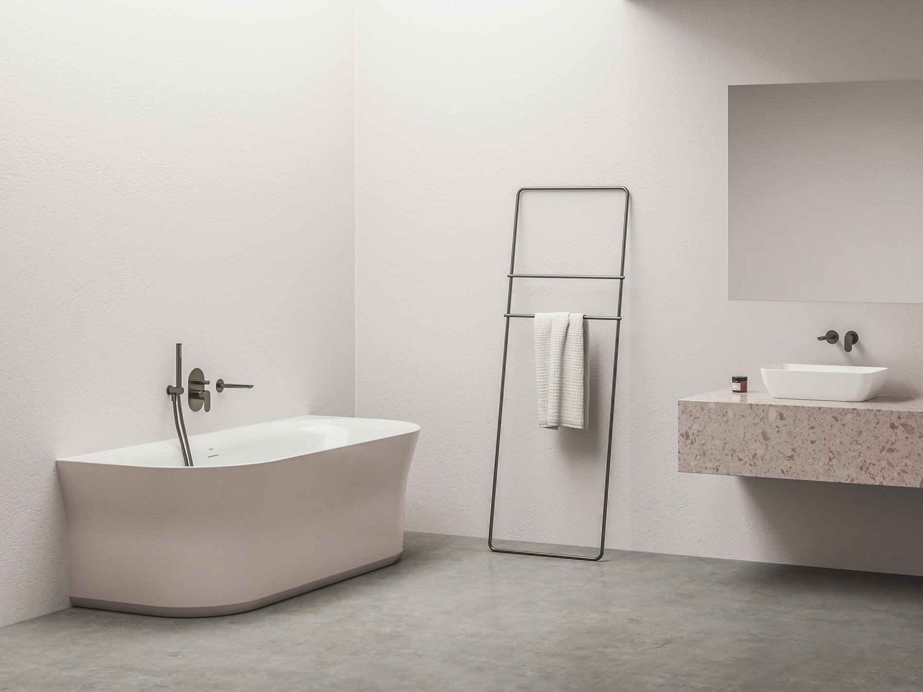 Ravak Ypsilon Wall 178x86, akrilkád, Alabaster Pink/fehér, szabadonálló, fehér/fekete/króm lefolyó – Szabadon álló kádak